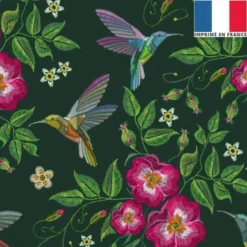 Velours vert fôret imprimé colibri et fleur brodé