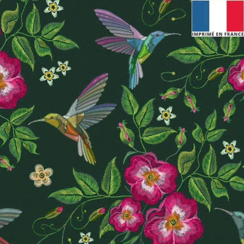 Velours vert fôret imprimé colibri et fleur brodé
