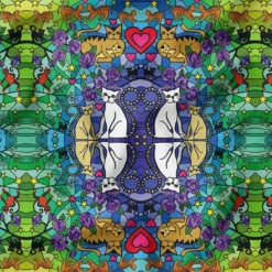 Vitrail chat multicolore - Fond bleu - Création Lita Blanc
