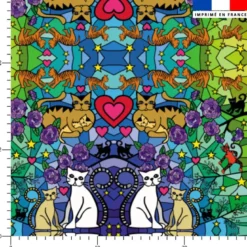 Vitrail chat multicolore - Fond bleu - Création Lita Blanc