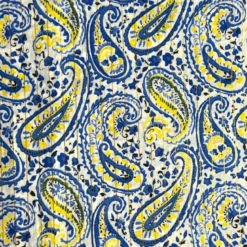 Voile de coton indien rayures lurex blanc motif cachemire bleu et jaune