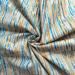 Voile de coton indien rayures lurex blanc motif traits bleus et orange