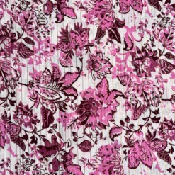 Voile de coton indien rayures lurex blanc motif fleurs roses et lie de vin