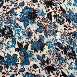 Voile de coton indien rayures lurex blanc motif fleurs bleues et lie de vin