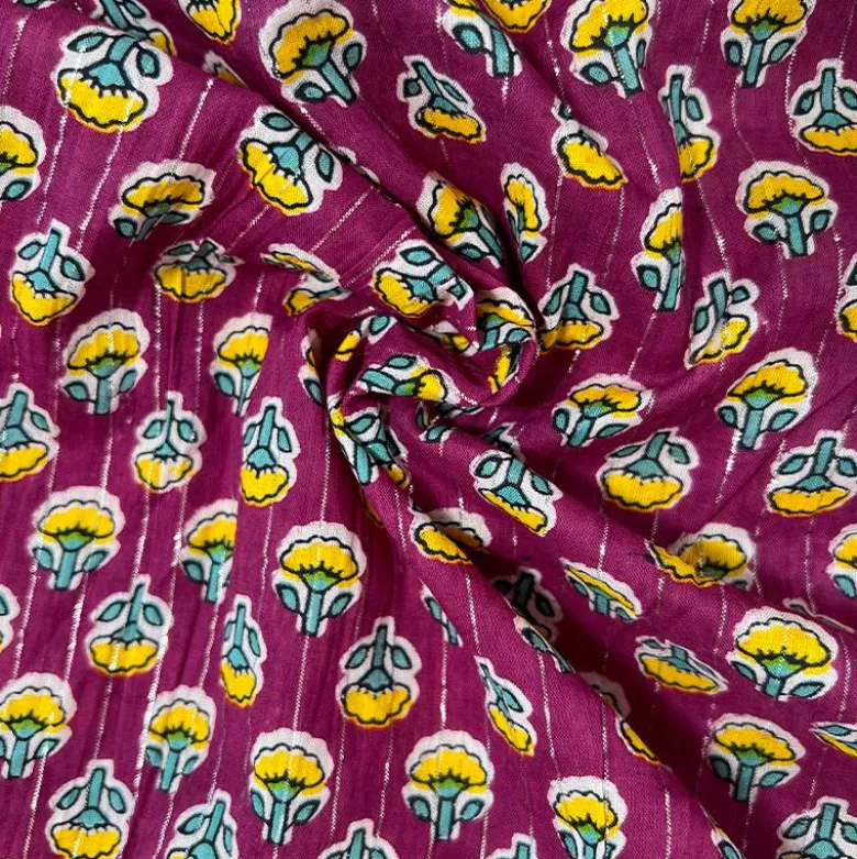 Voile de coton indien rayures lurex prune motif fleurs jaunes