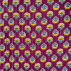 Voile de coton indien rayures lurex prune motif fleurs jaunes