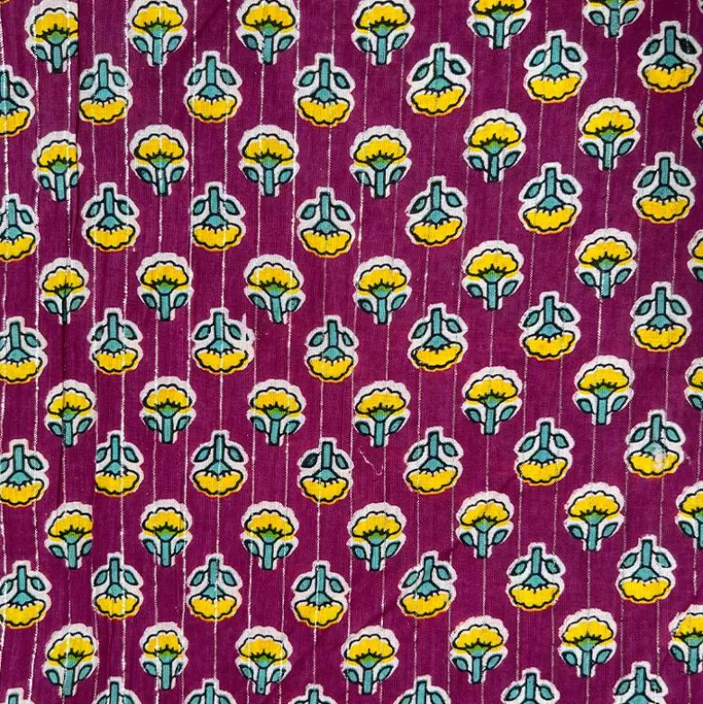 Voile de coton indien rayures lurex prune motif fleurs jaunes