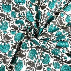 Voile de coton indien rayures lurex blanc motif fleurs turquoises et grises
