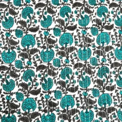 Voile de coton indien rayures lurex blanc motif fleurs turquoises et grises