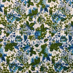 Voile de coton indien rayures lurex blanc motif fleurs vertes et bleues