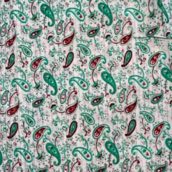 Voile de coton indien rayures lurex blanc motif cachemire vert clair et lie de vin