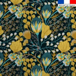 Voile de coton lurex motif fleur bohème ocre et turquoise